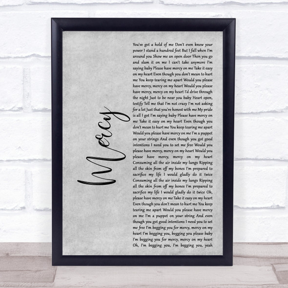 Shawn Mendes Mercy Rustic Script Grey Song Lyric Quote Print