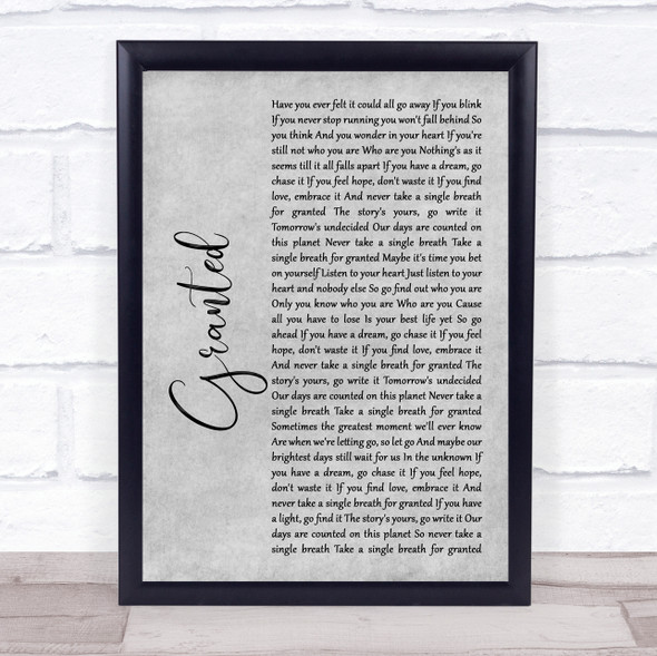 Josh Groban Granted Rustic Script Grey Song Lyric Print