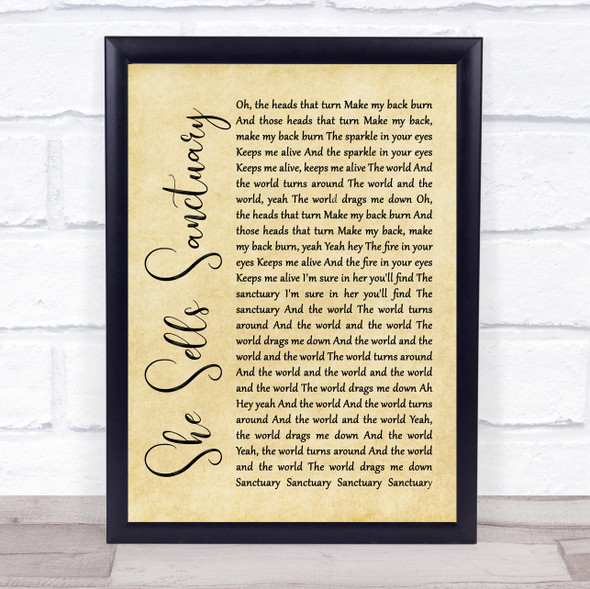 The Cult She Sells Sanctuary Rustic Script Song Lyric Quote Music Print