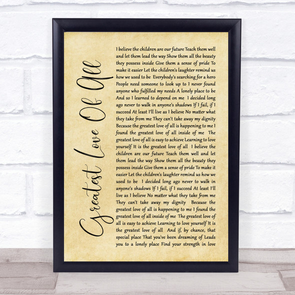 Whitney Houston Greatest Love Of All Rustic Script Song Lyric Quote Print