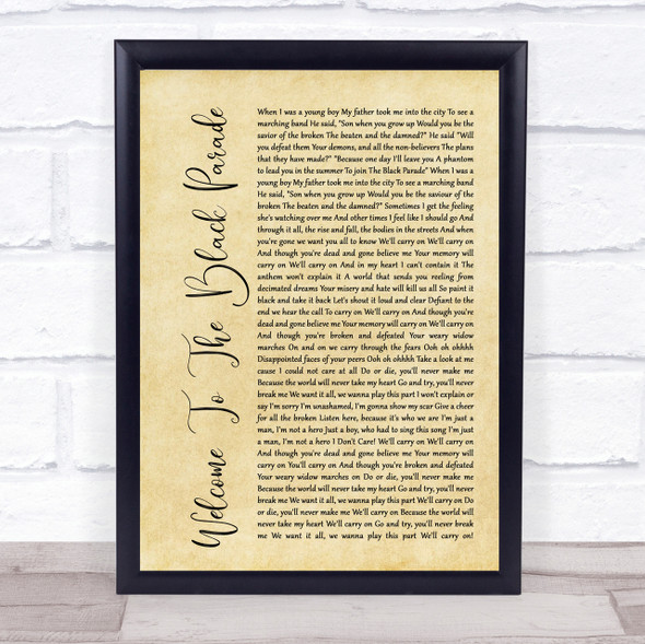 My Chemical Romance Welcome To The Black Parade Rustic Script Song Lyric Print