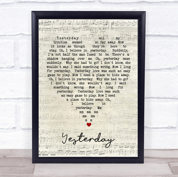 Yesterday The Beatles Script Heart Quote Song Lyric Print