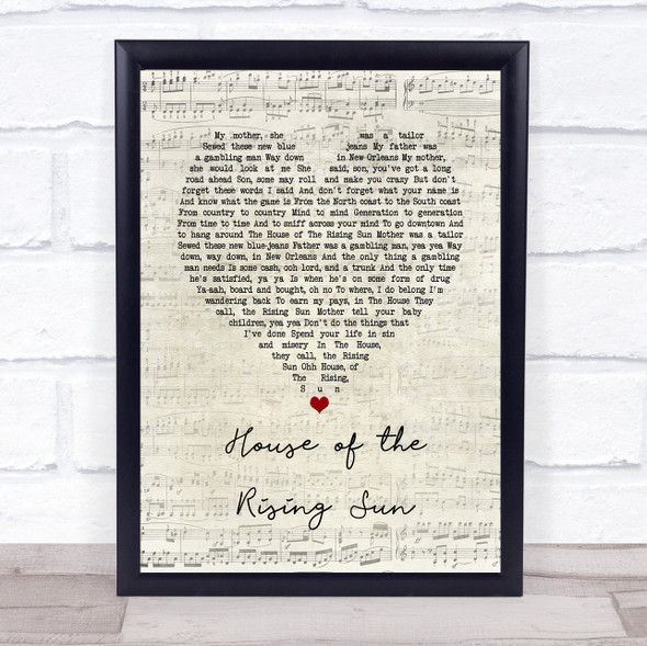 The Animals House of the Rising Sun Script Heart Song Lyric Print