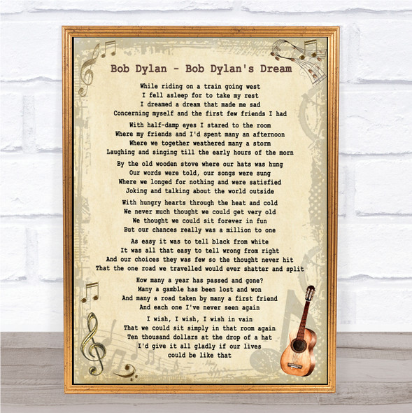 Bob Dylan Bob Dylan's Dream Vintage Guitar Song Lyric Print