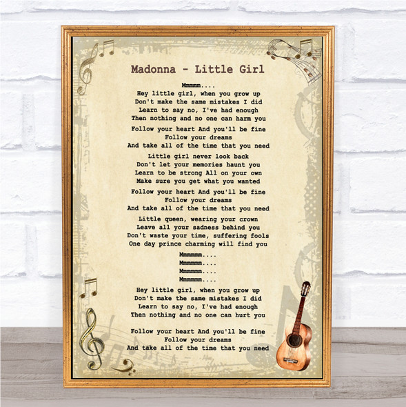Madonna Little Girl Vintage Guitar Song Lyric Quote Music Print