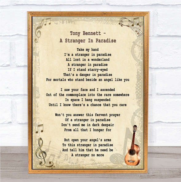 Tony Bennett A Stranger In Paradise Song Lyric Quote Print