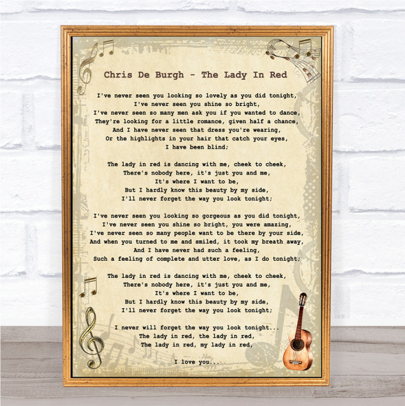 Chris De Burgh - The Lady In Red Song Lyric Guitar Quote Print