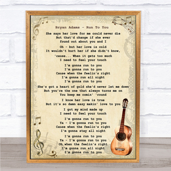 Bryan Adams Run To You Song Lyric Vintage Quote Print