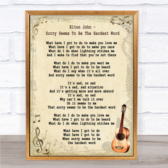 Elton John Sorry Seems To Be The Hardest Word Song Lyric Vintage Quote Print