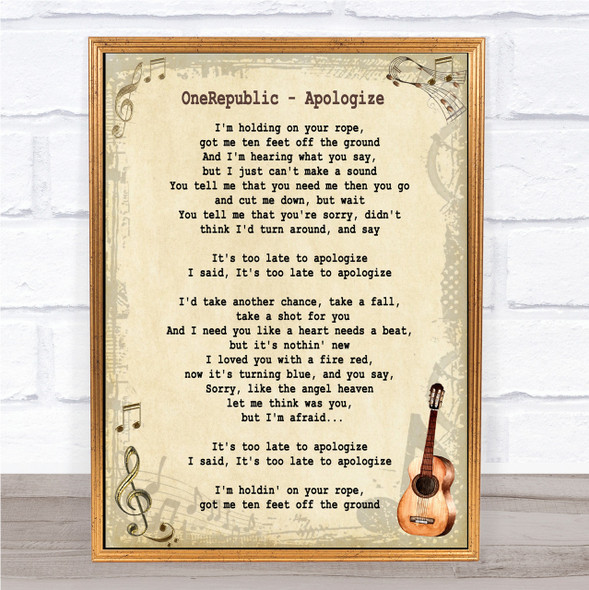 OneRepublic Apologize Song Lyric Vintage Quote Print