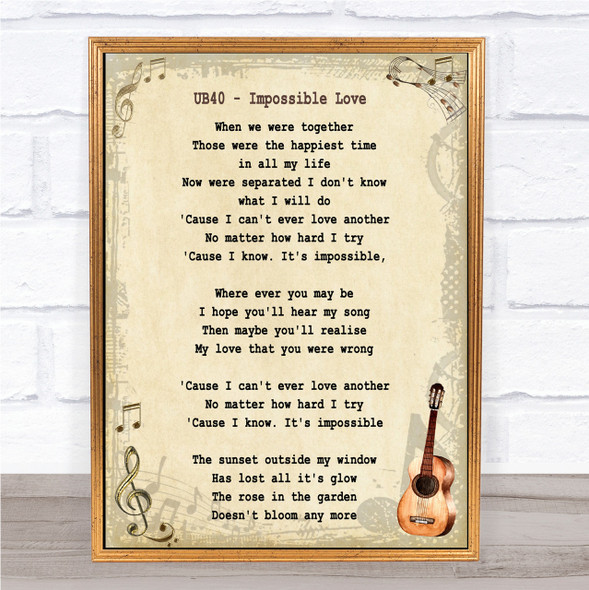 UB40 Impossible Love Song Lyric Vintage Quote Print