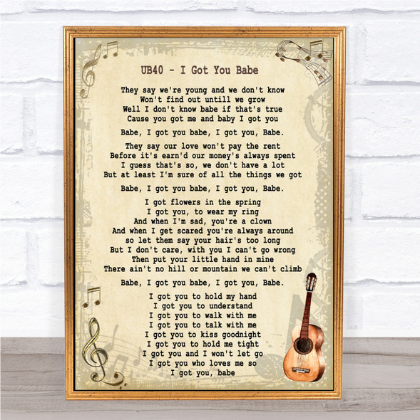 UB40 I Got You Babe Song Lyric Vintage Quote Print