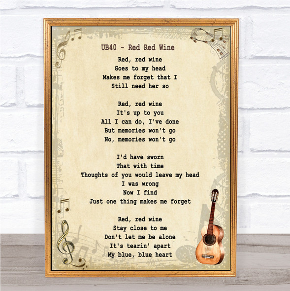 UB40 Red Red Wine Song Lyric Vintage Quote Print