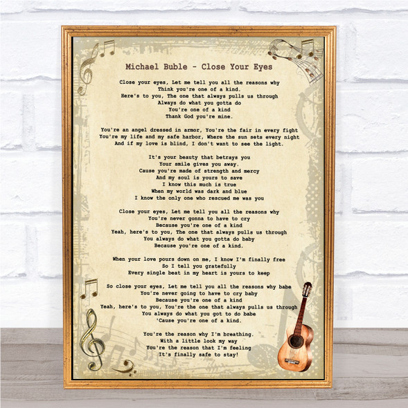 Michael Buble Close Your Eyes Vintage Guitar Song Lyric Print