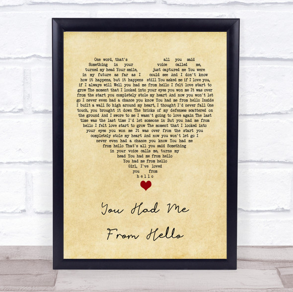 Kenny Chesney You Had Me From Hello Vintage Heart Song Lyric Quote Music Print