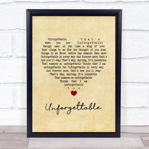 Nat King Cole Unforgettable Vintage Heart Song Lyric Quote Music Print