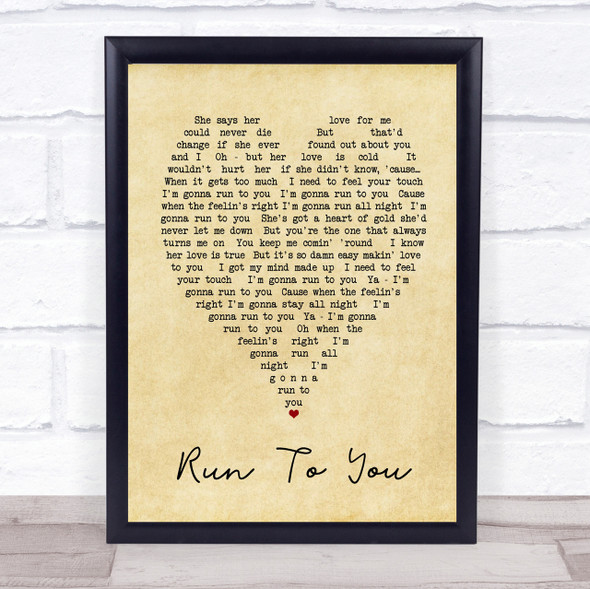 Run To You Bryan Adams Vintage Heart Quote Song Lyric Print