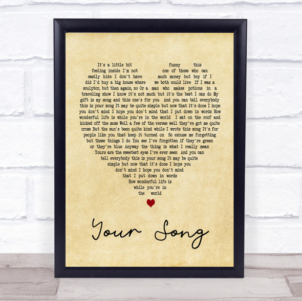 Your Song Elton John Vintage Heart Song Lyric Quote Print