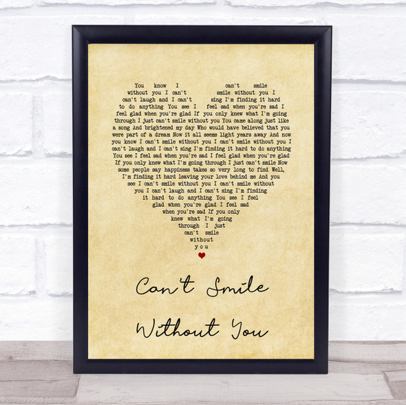 Barry Manilow Can't Smile Without You Vintage Heart Song Lyric Quote Print