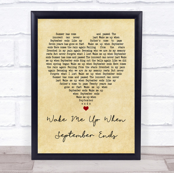 Green Day Wake Me Up When September Ends Vintage Heart Song Lyric Quote Print
