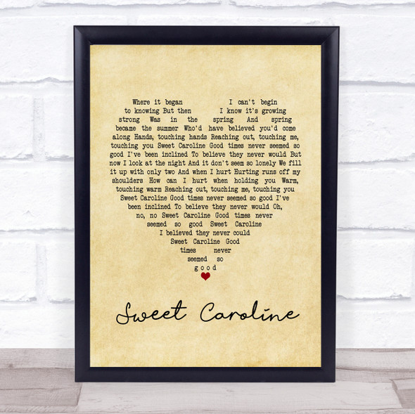 Neil Diamond Sweet Caroline Vintage Heart Song Lyric Print