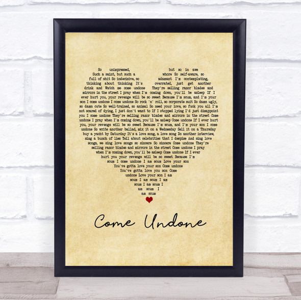 Robbie Williams Come Undone Vintage Heart Song Lyric Print