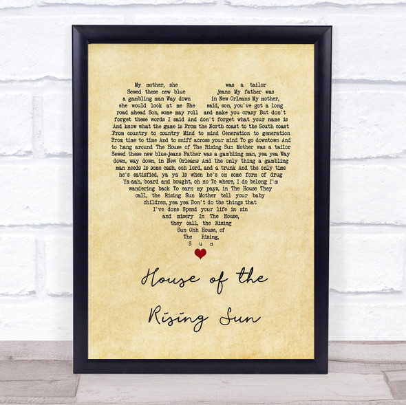 The Animals House of the Rising Sun Vintage Heart Song Lyric Print