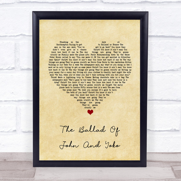 John Lennon The Ballad Of John And Yoko Vintage Heart Song Lyric Print