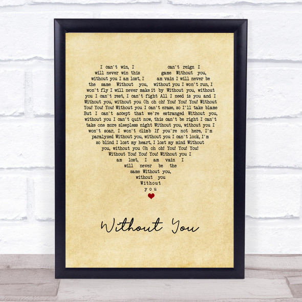 David Guetta Without You Vintage Heart Song Lyric Print