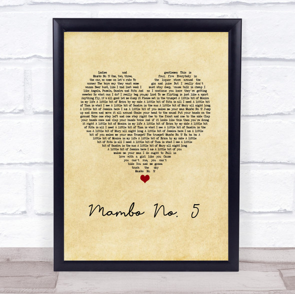 Lou Bega Mambo No. 5 Vintage Heart Song Lyric Print