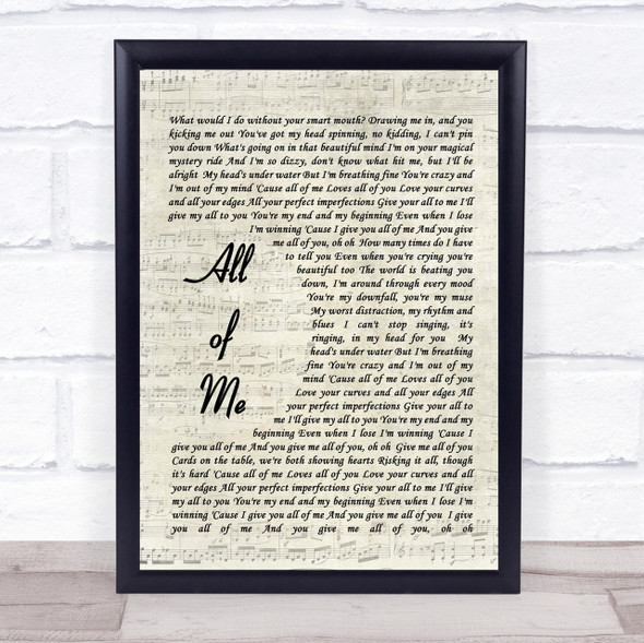 All Of Me John Legend Song Lyric Vintage Script Quote Print