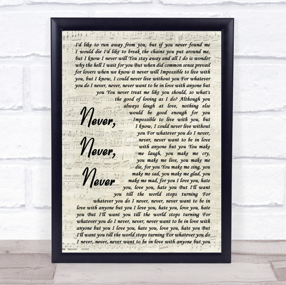 Shirley Bassey Never, Never, Never Song Lyric Vintage Script Quote Print