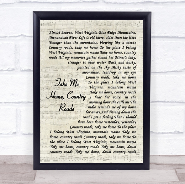 John Denver Take Me Home, Country Roads Vintage Script Song Lyric Print