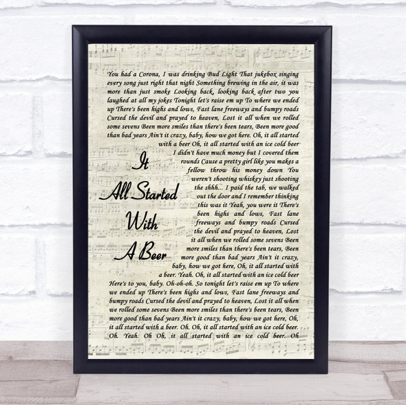 Frankie Ballard It All Started With A Beer Vintage Script Song Lyric Print