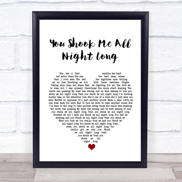 AC DC You Shook Me All Night Long White Heart Song Lyric Wall Art Print