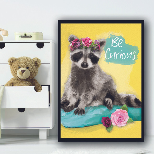 Racoon Be Curious Bright Yellow Floral Wall Art Print