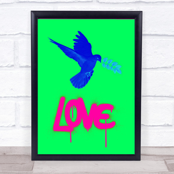 Love Neon Green Blue Dove Wall Art Print