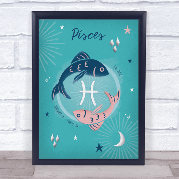 Pisces Zodiac Star Sign Symbol Turquoise  Green Wall Art Print