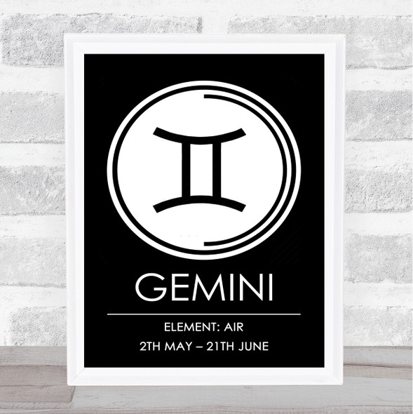 Zodiac Star Sign Black & White Symbol Gemini Wall Art Print