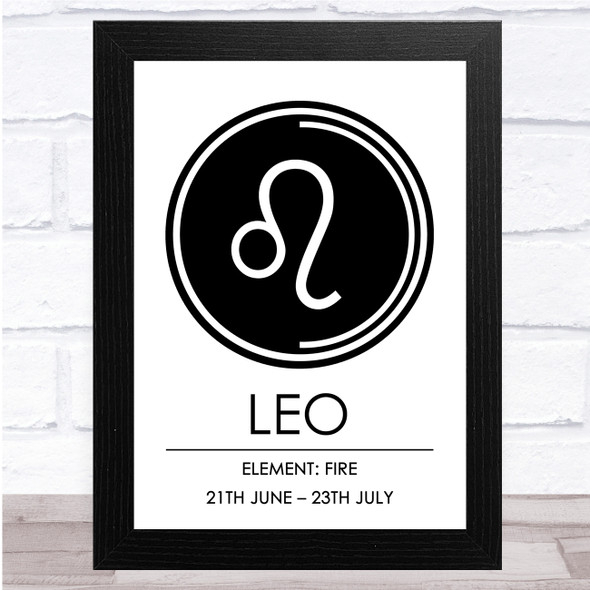 Zodiac Star Sign White & Black Symbol Leo Wall Art Print