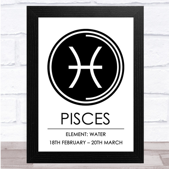 Zodiac Star Sign White & Black Symbol Pisces Wall Art Print