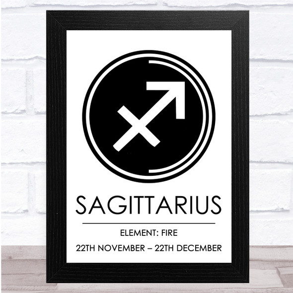 Zodiac Star Sign White & Black Symbol Sagittarius Wall Art Print