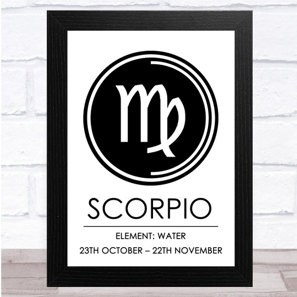 Zodiac Star Sign White & Black Symbol Scorpio Wall Art Print