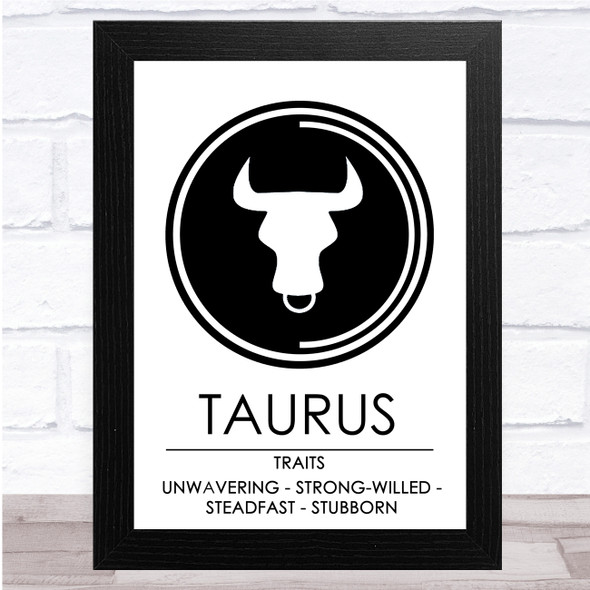 Zodiac Star Sign White & Black Traits Taurus Wall Art Print