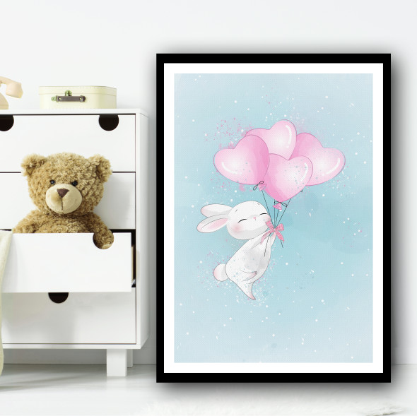 Cute Bunny With Heart Balloon Pink Wall Art Print