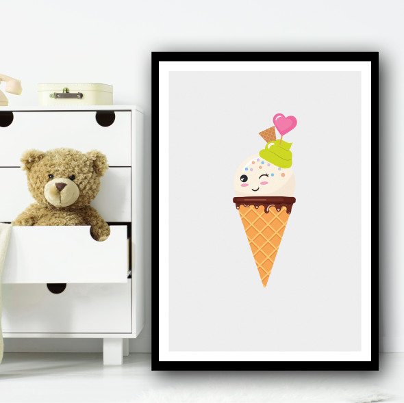 White Cute Ice-cream Cartoon Simple Winking Wall Art Print