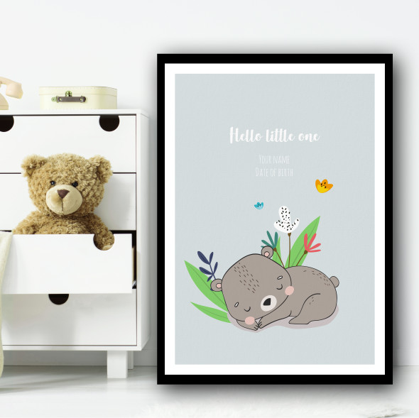 Hello Little One Cute Bear Sleeping Floral Personalized Wall Art Print