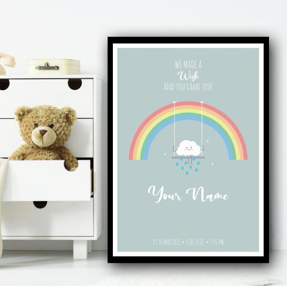 We Made A Wish Cute Rainbow Cloud And Rain On Swing Personalized Wall Art Print