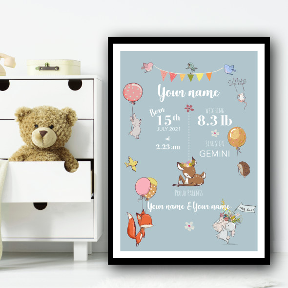 Cute Animals With Balloons Light colors Personalized Wall Art Print