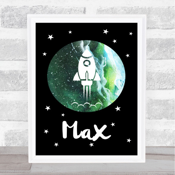 Space Stars Watercolor Galaxy Green Any Name Personalized Wall Art Print